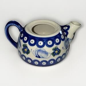 Blue Rose Boleslawiec Polish Pottery Peacock Teapot 6 Inch Wide NO LID
